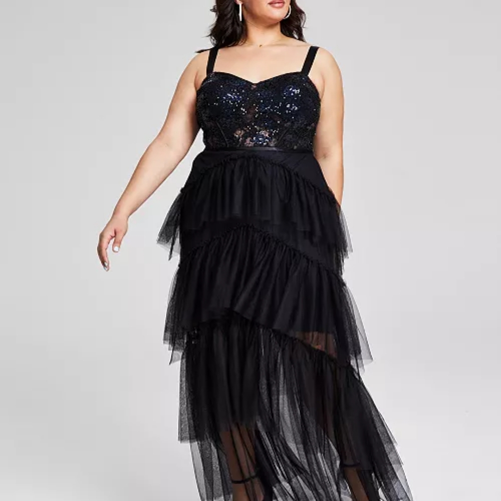 NWT Black Sequin Tiered Mesh Gown Size 16W